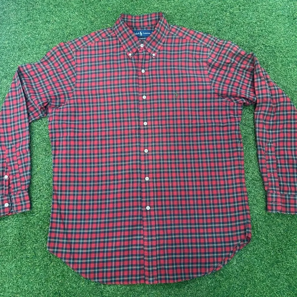 Ralph Lauren Men Large Red Black Plaid Classic Fit Button Down Shirt Long Sleeve